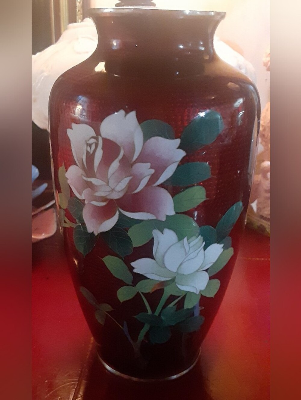 c1940-50 Japanese Red Ginbari CLOISONNE VASE w/Roses 7.25" Hallmarks